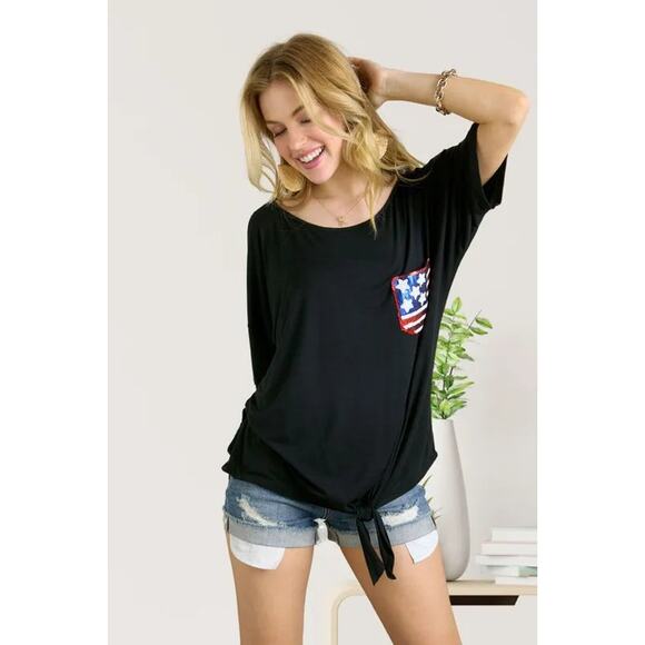 ADORA Sequin US Flag Pocket Half Sleeves Front Tie Detail Tunic Top | Black - Picture 5 of 6